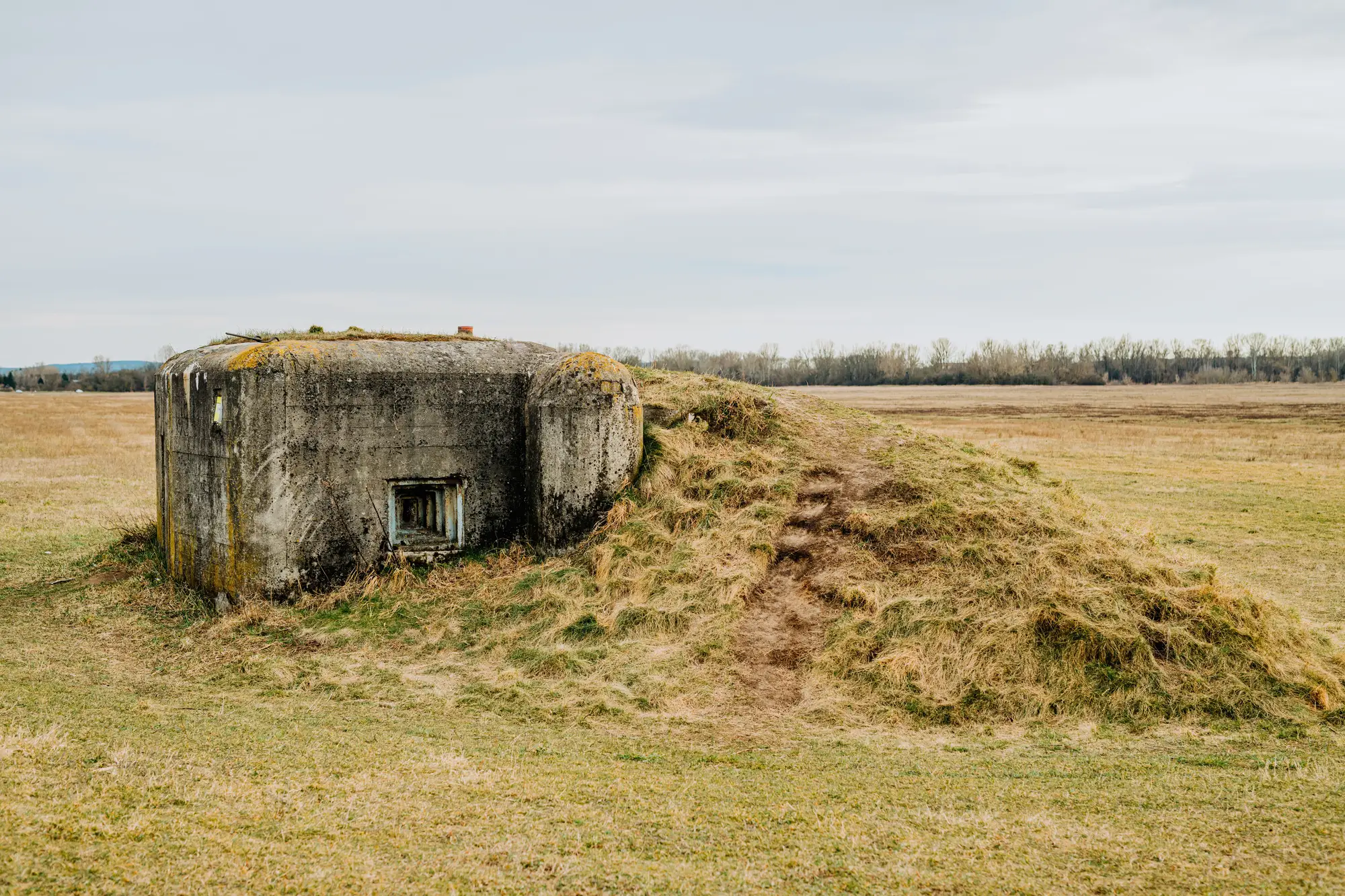 An old concrete bunker half buried under an earth mound in a flat grass field